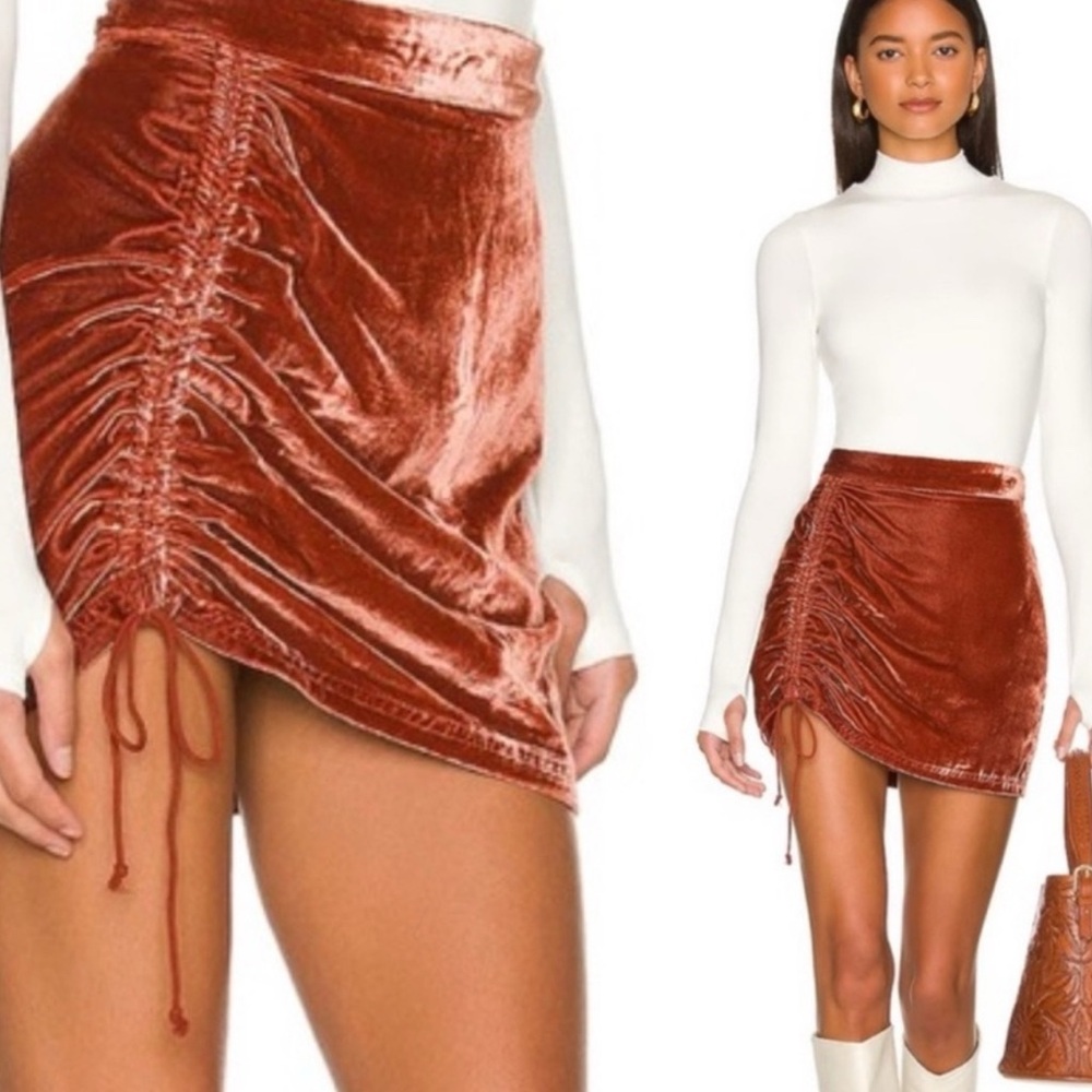 Super rare free people flat front ruched scrunched velvet pencil mini Rust Skirt